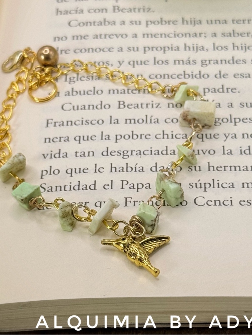 Gold Bracelet with Mint Green TURQUOISE Stone Chips and Bird Charm